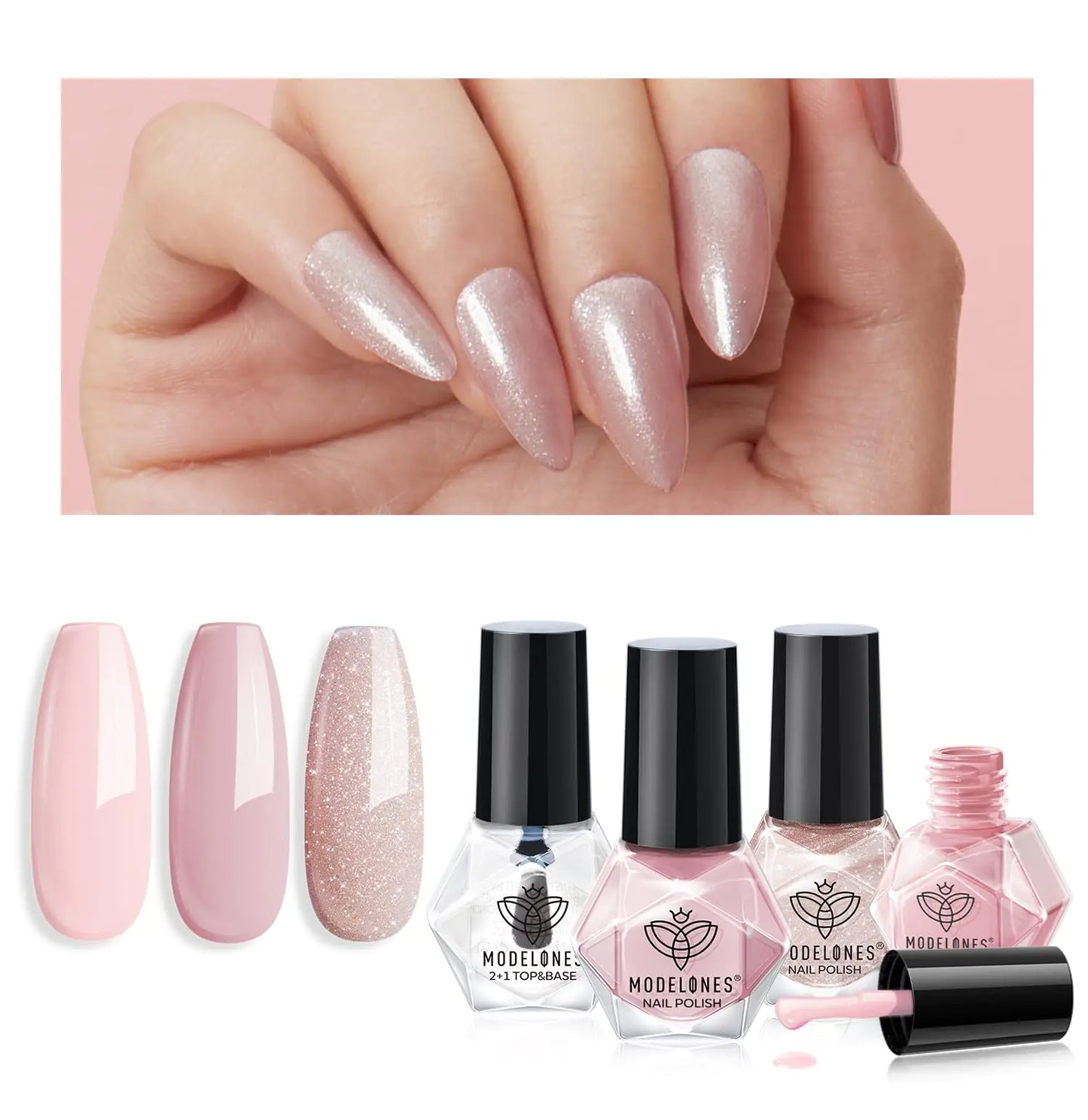 modelones Nail Polish Set 3 Colors Natural Nude Nail Polish Kit with Base and Top Coat & Remover Pad Natural Skin Tone Glitter Nail Polish Finger Nail Polish Bulk Diy Nail Art Salon Home