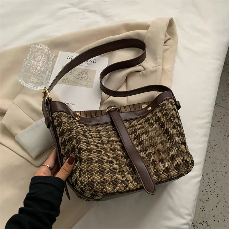 Retro Houndstooth One-Shoulder Fashion Bag for Women