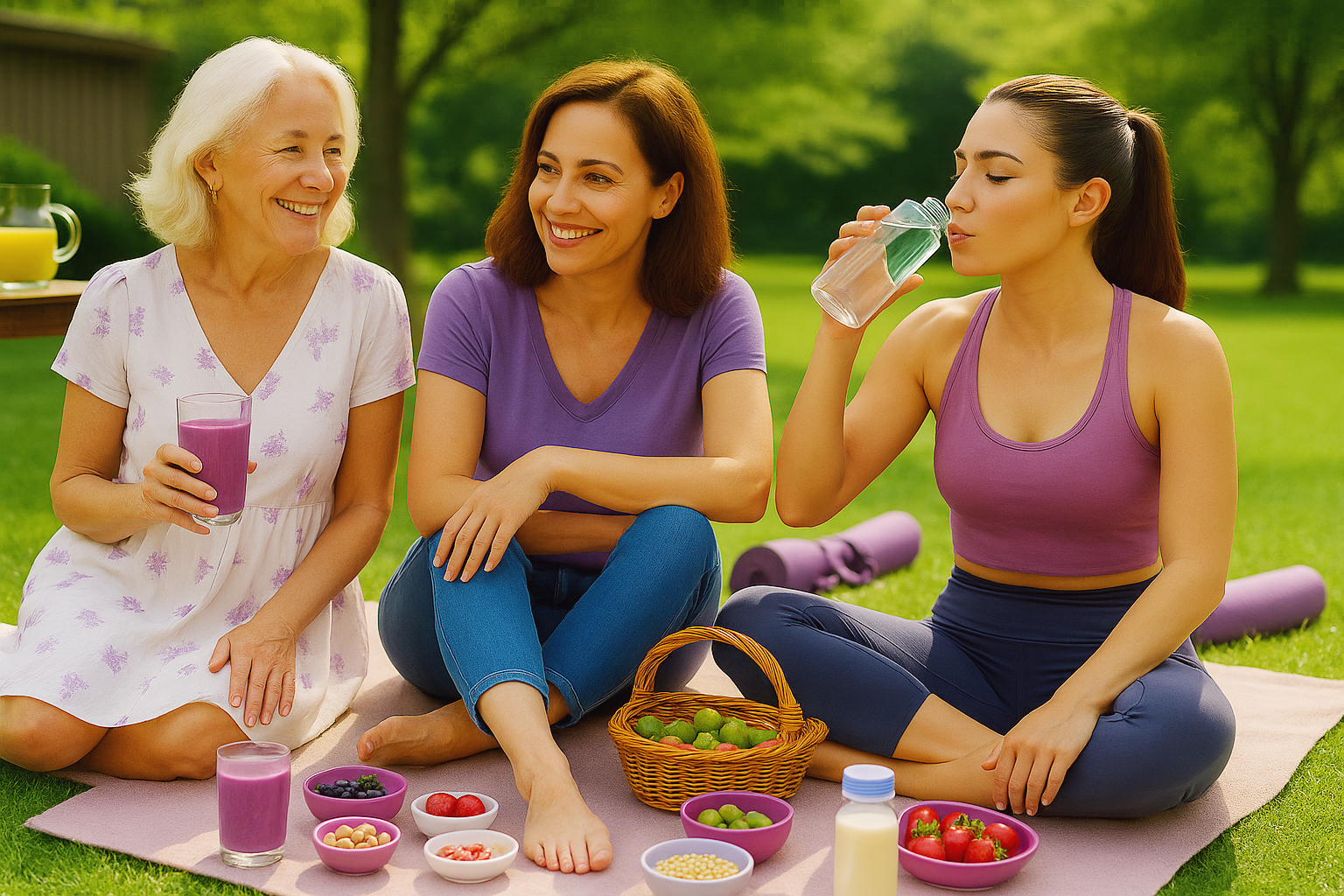 Three women sitting on a blanket outdoors, enjoying a healthy picnic with fruits, vegetables, and drinks.