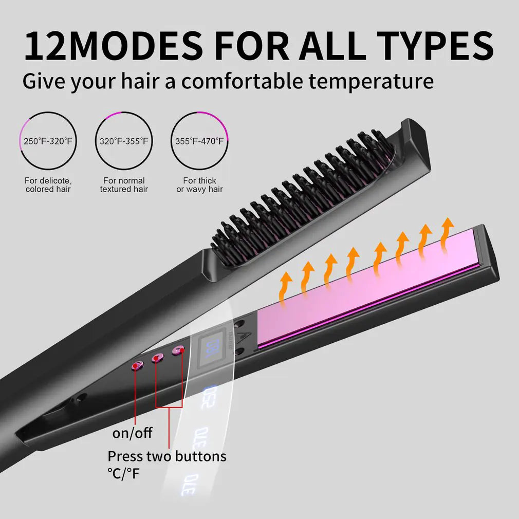2-in-1 Hair Straightener Brush with Adjustable Temperature