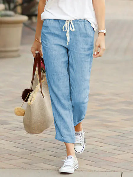 Casual Loose Drawstring Cotton-Linen Cropped Pants