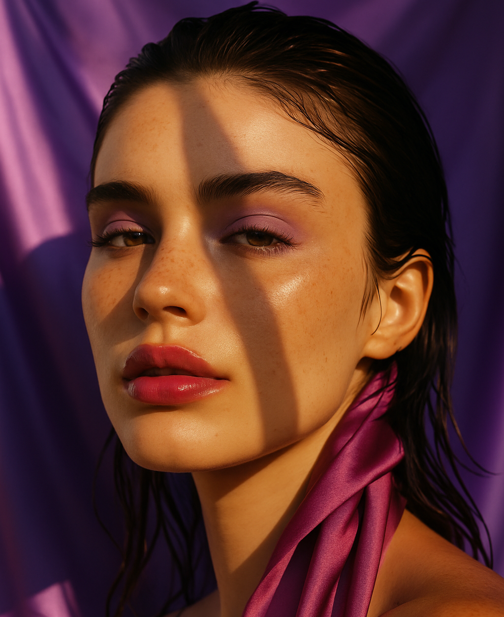 Close-up of a woman with a purple background