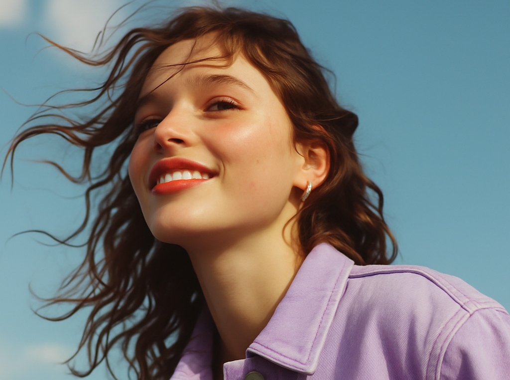 Woman with wavy hair and a purple jacket against a blue sky