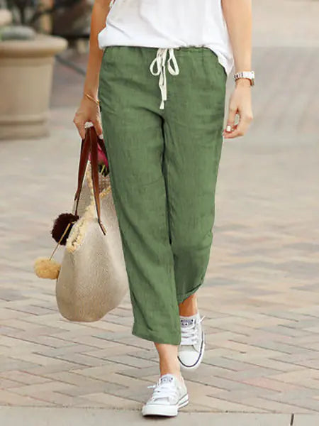 Casual Loose Drawstring Cotton-Linen Cropped Pants