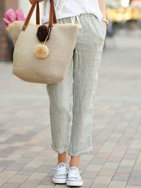 Casual Loose Drawstring Cotton-Linen Cropped Pants