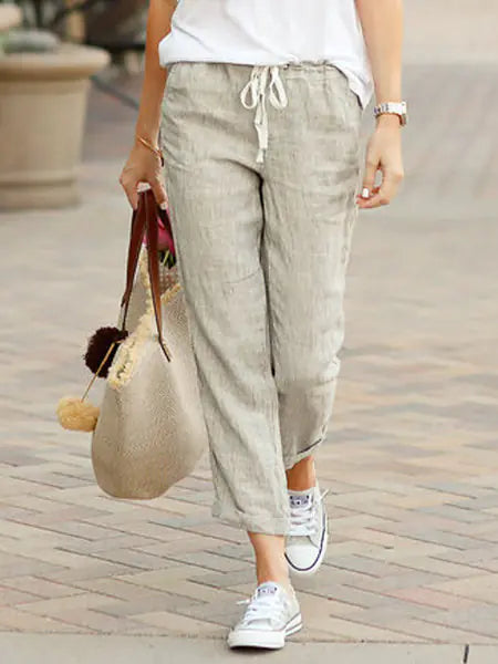 Casual Loose Drawstring Cotton-Linen Cropped Pants
