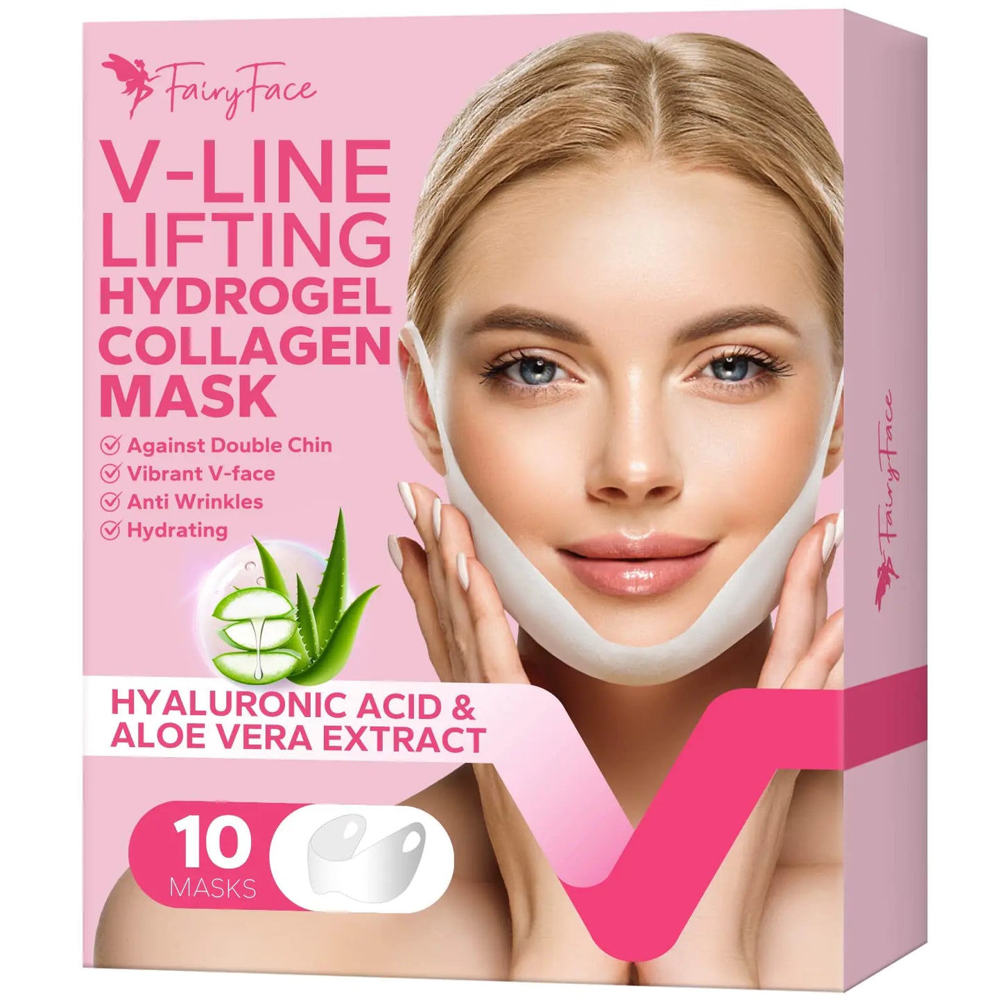 FairyFace V Line Lifting Mask 10 Count Double Chin Reducer Lifting Hydrogel Collagen Mask with Aloe Vera and Seaweed Hydrating and Anti-aging Creating a V-shaped Face Full of Vitality