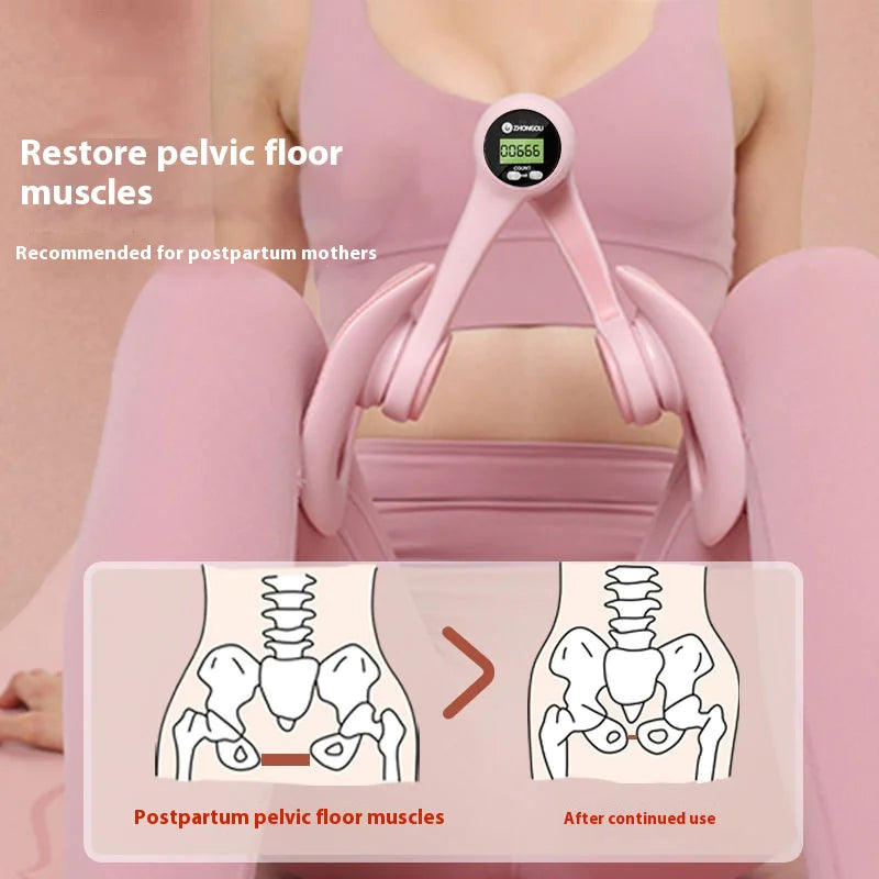 Person using a pink pelvic floor muscle trainer with text indicating its use for postpartum mothers.