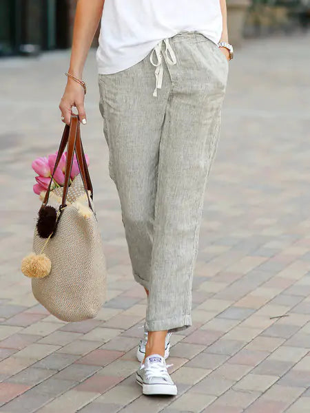 Casual Loose Drawstring Cotton-Linen Cropped Pants