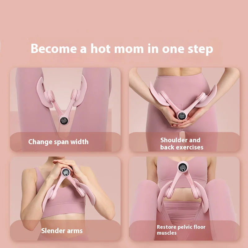 Pelvic Floor Muscle device demonstration with text on a pink background