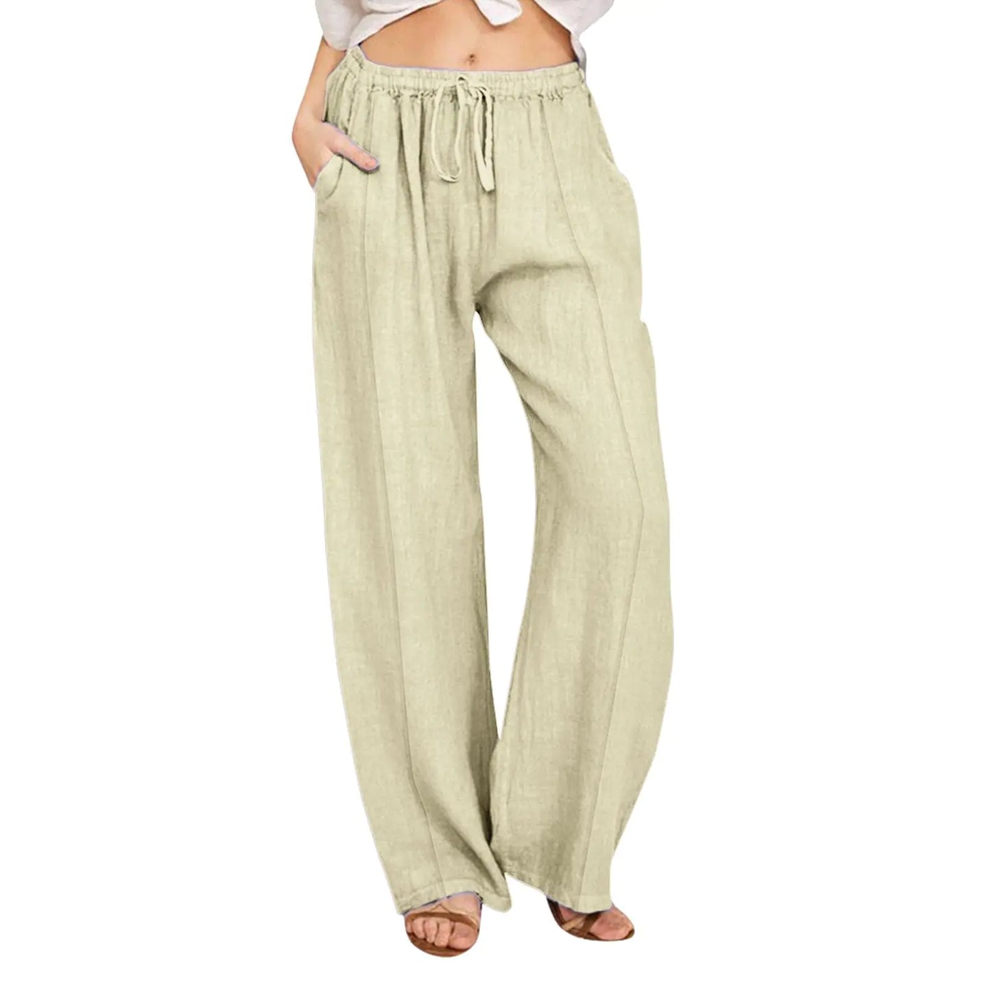 SHAOBGE Womens High Waist Palazzo Pants Cotton Linen Wide Leg Casual Drawstring Trousers with Pockets - Beige 3X-Large