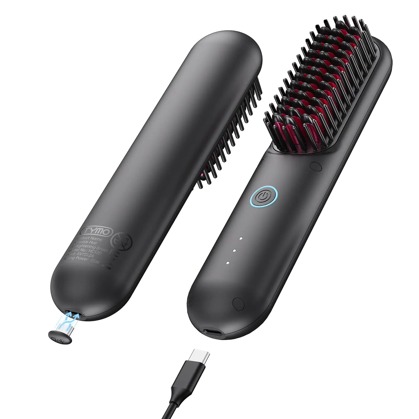 TYMO Cordless Hair Straightener Brush - Porta ECO Portable Straightening Brush for Travel Mini Hot Straightening Comb for Women Ceramic Coating Lightweight for Touch-ups Anti-Scald Black