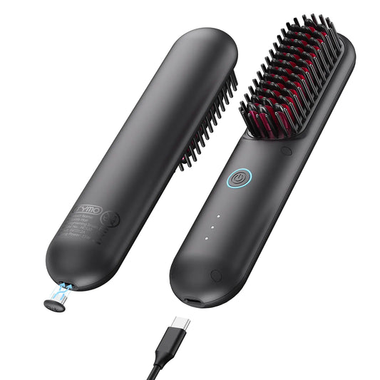 TYMO Cordless Hair Straightener Brush - Porta ECO Portable Straightening Brush for Travel Mini Hot Straightening Comb for Women Ceramic Coating Lightweight for Touch-ups Anti-Scald Black