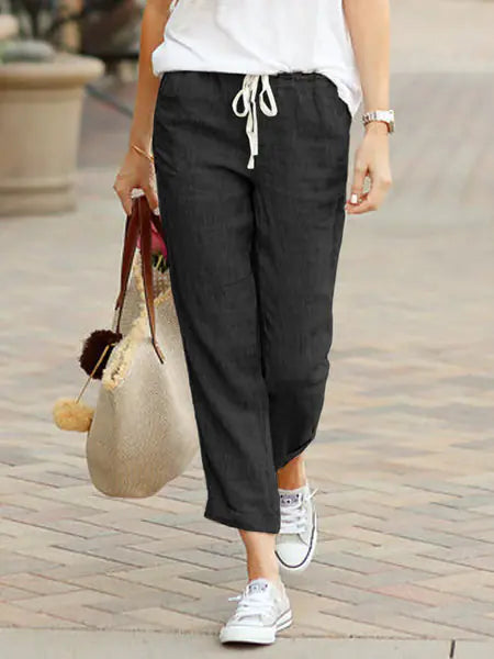 Casual Loose Drawstring Cotton-Linen Cropped Pants
