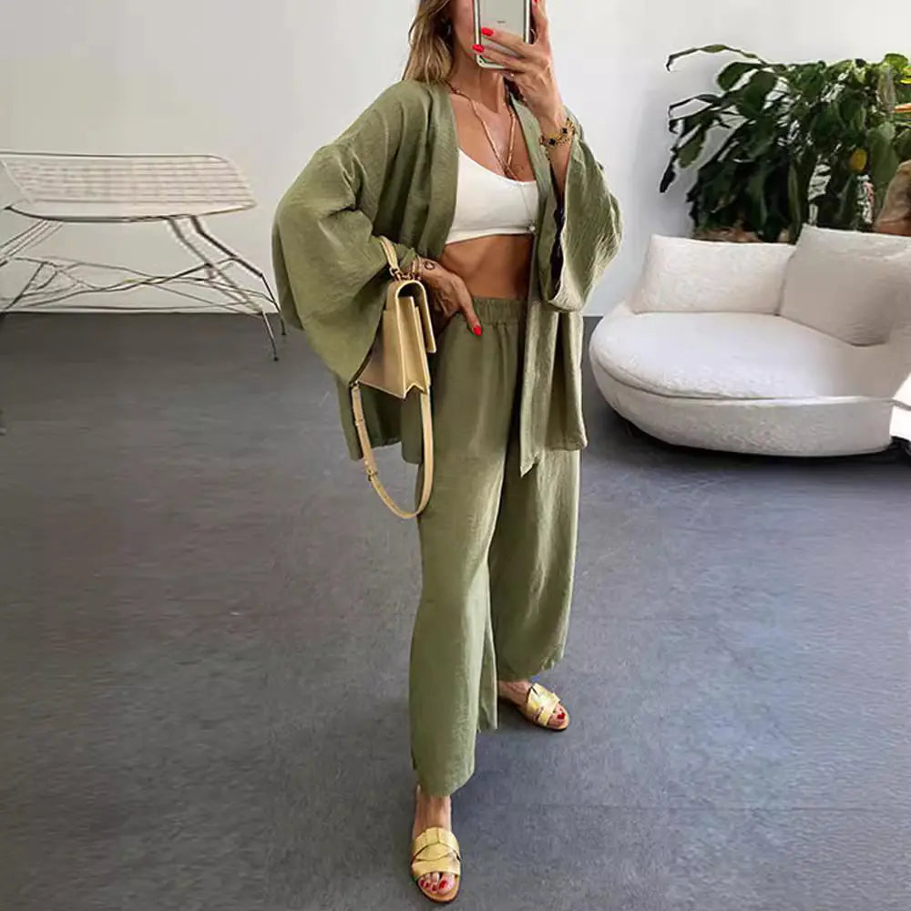 2024 Cotton-Linen Cardigan and Wide-Leg Pants Set