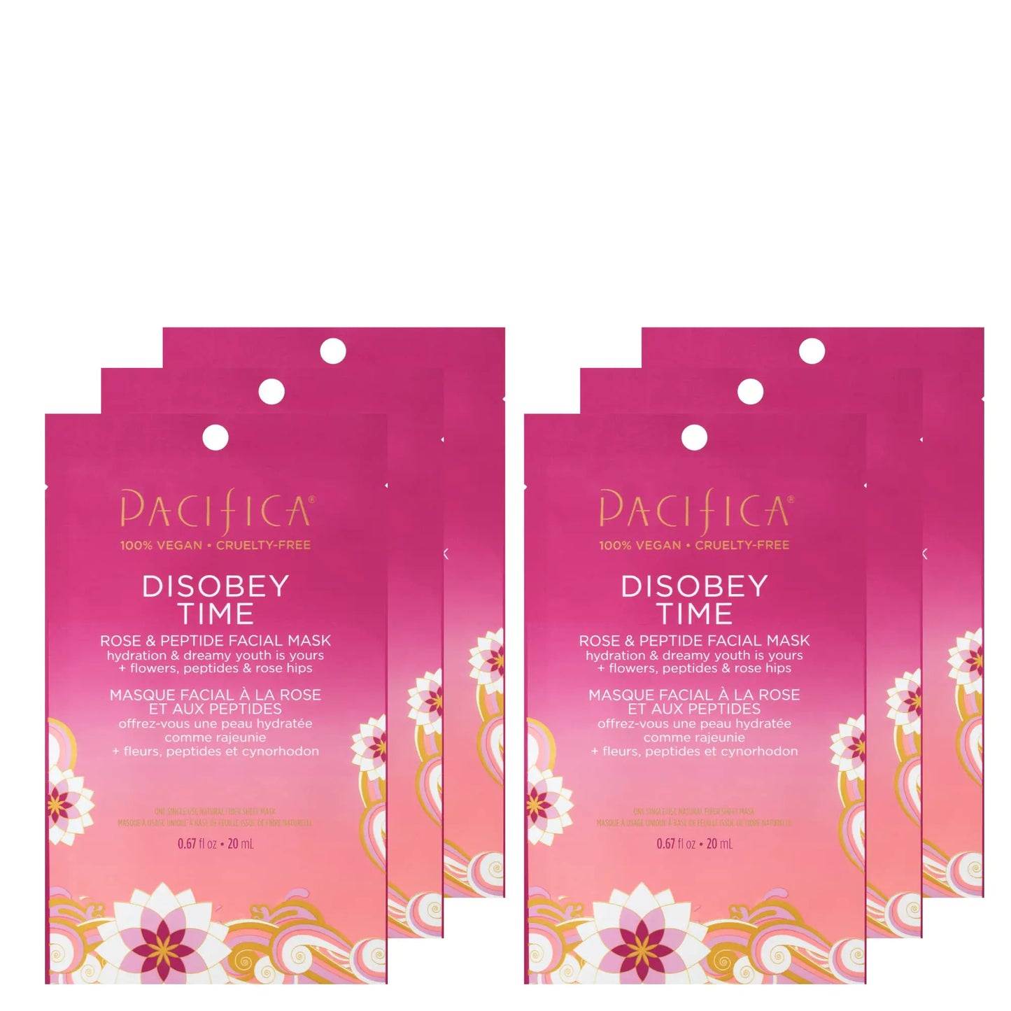 Pacifica Beauty Disobey Time Facial Mask Skincare Rose Peptide Hyaluronic Acid Green Tea Hydrating Dreamy Youth Face Mask Sheet Mask Face Care Dry Skin All Skin Types Vegan (6 Sheets)