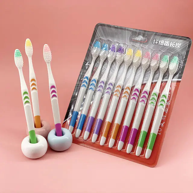 10 White Soft Hair Toothbrushes with Bamboo Charcoal