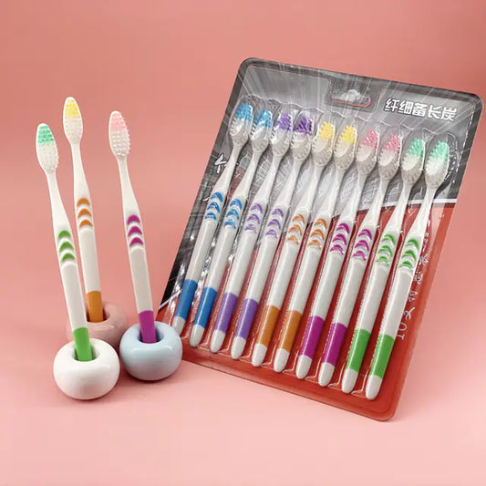 10 White Soft Hair Toothbrushes with Bamboo Charcoal