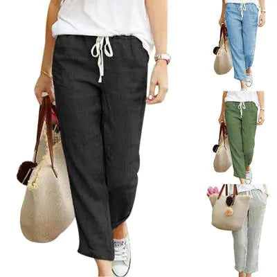 Casual Loose Drawstring Cotton-Linen Cropped Pants