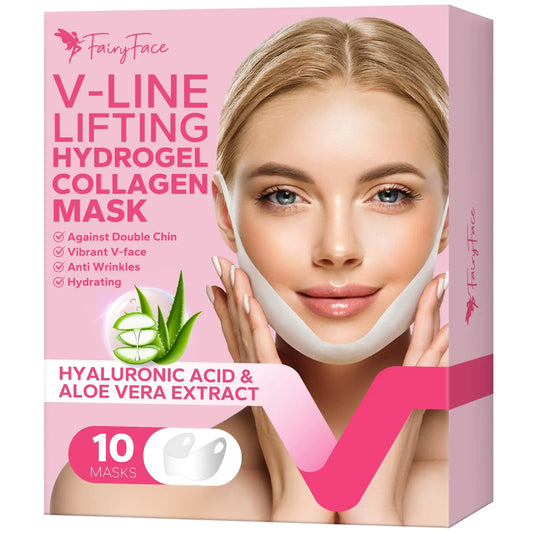 FairyFace V Line Lifting Mask 10 Count Double Chin Reducer Lifting Hydrogel Collagen Mask with Aloe Vera and Seaweed Hydrating and Anti-aging Creating a V-shaped Face Full of Vitality