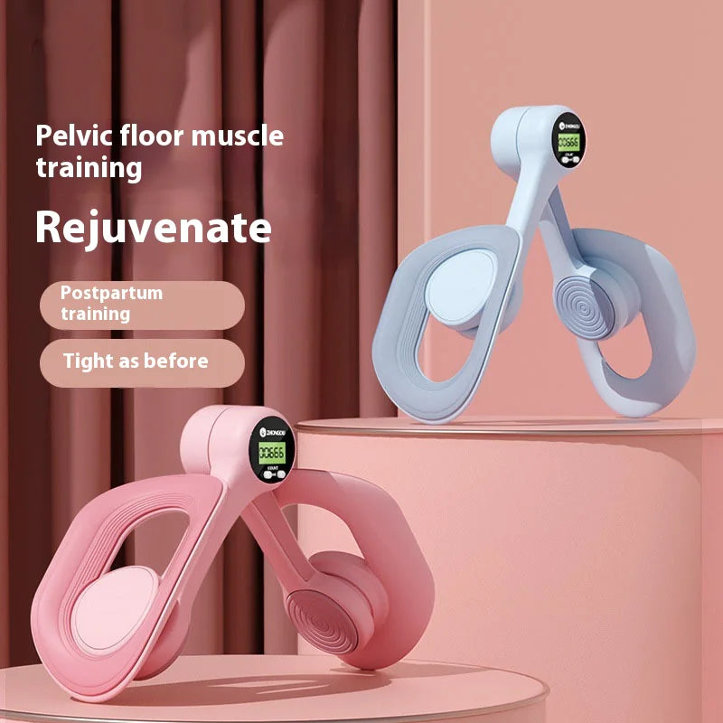 Pink and gray pelvic floor muscle training devices on a pink background with text about pelvic floor muscle training.