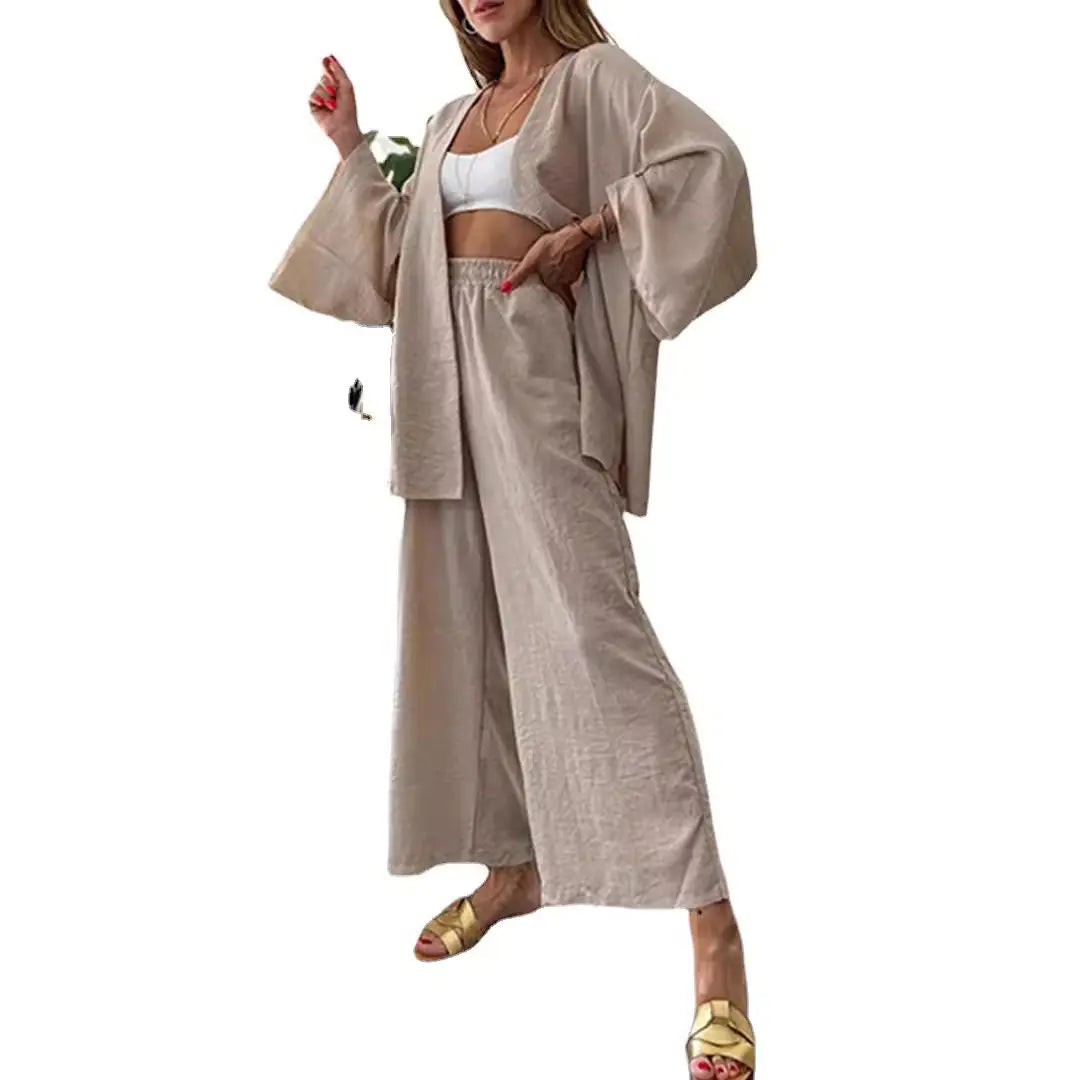 2024 Cotton-Linen Cardigan and Wide-Leg Pants Set
