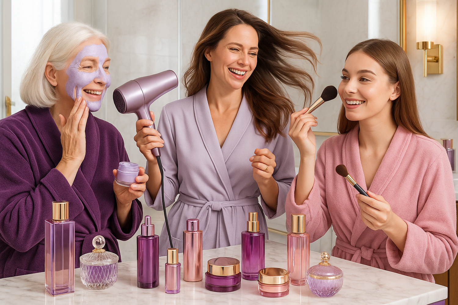3 women, 3 age demographic 20 to 60. Bathroom interactive scene using various health and beauty products.